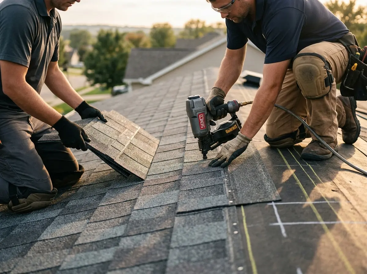 Professional roofer working on a residential roof in Big Bear Lake